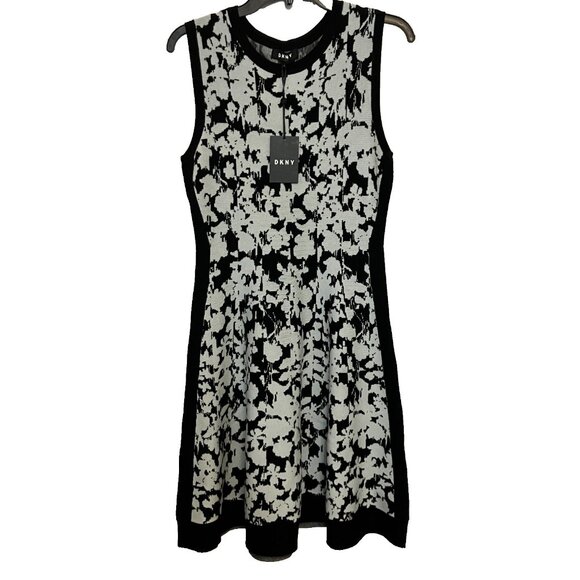 DKNY Women Knit Sleeveless Sweater Dress Black Ivory Abstract Small Office NWT - Picture 1 of 9